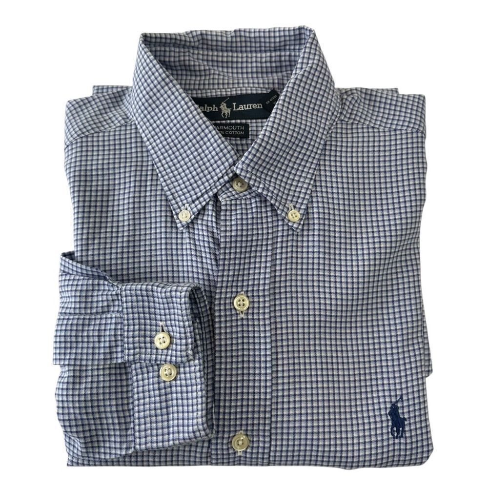 Ralph Lauren Yarmouth  Cotton Blue Plaid Preppy Long‎ Sleeve Shirt, 15 1/2'